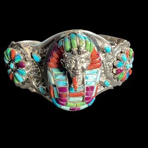 Sterling Silver Turquoise & Coral Egyptian King Cuff Bracelet